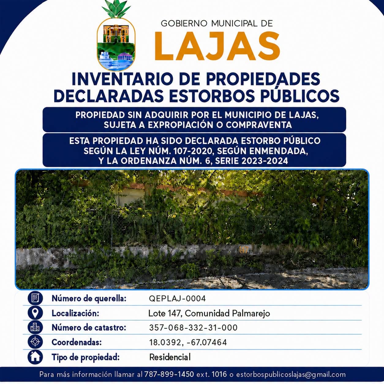 Propiedad declarada estorbo público en Lote 147 Comunidad Palmarejo, Lajas, Puerto Rico, Lajas