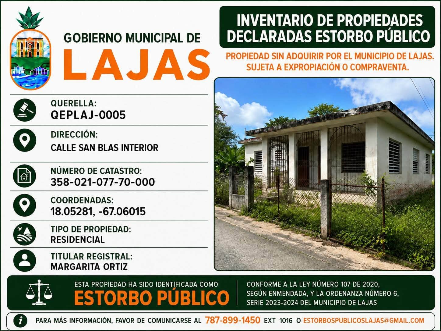 Propiedad declarada estorbo público en 3W3Q+4W Lajas, Puerto Rico 00667, Lajas